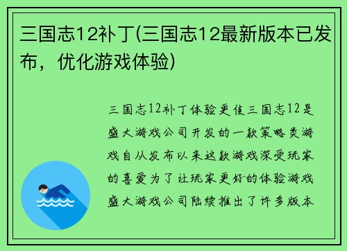三国志12补丁(三国志12最新版本已发布，优化游戏体验)